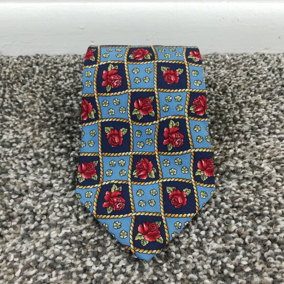 Vintage Burberry Neck Tie Silk Floral Blue Red USA Made 56L 3.75W - Picture 1 of 6